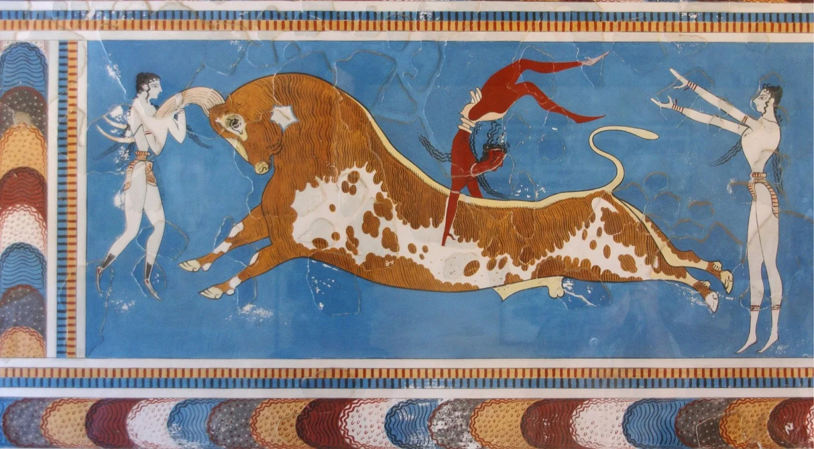 The Minoan bull-leaping fresco, showing an acrobat vaulting a charging bull, in the Heraklion Archaeological Museum