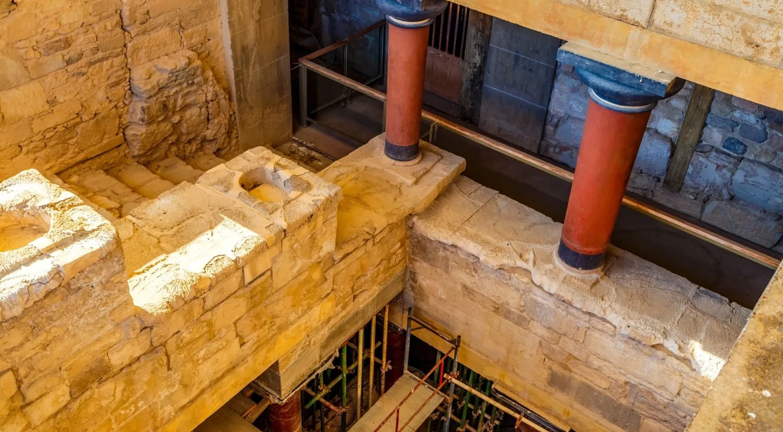 Looking down into a light well and stairwell of the residential quarter at Knossos