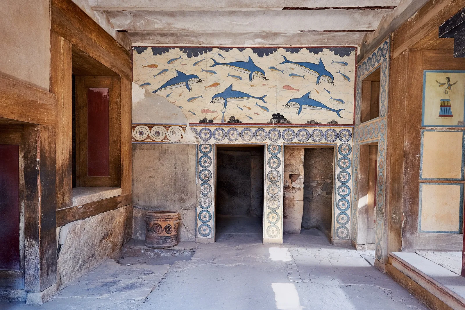 The Dolphin Fresco in the Queen's Megaron at Knossos, blue dolphins painted above a doorway
