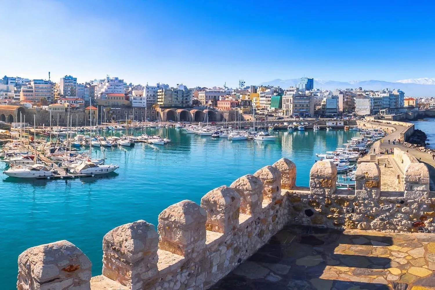 Heraklion's Venetian harbour and marina seen from the walls of the Koules fortress