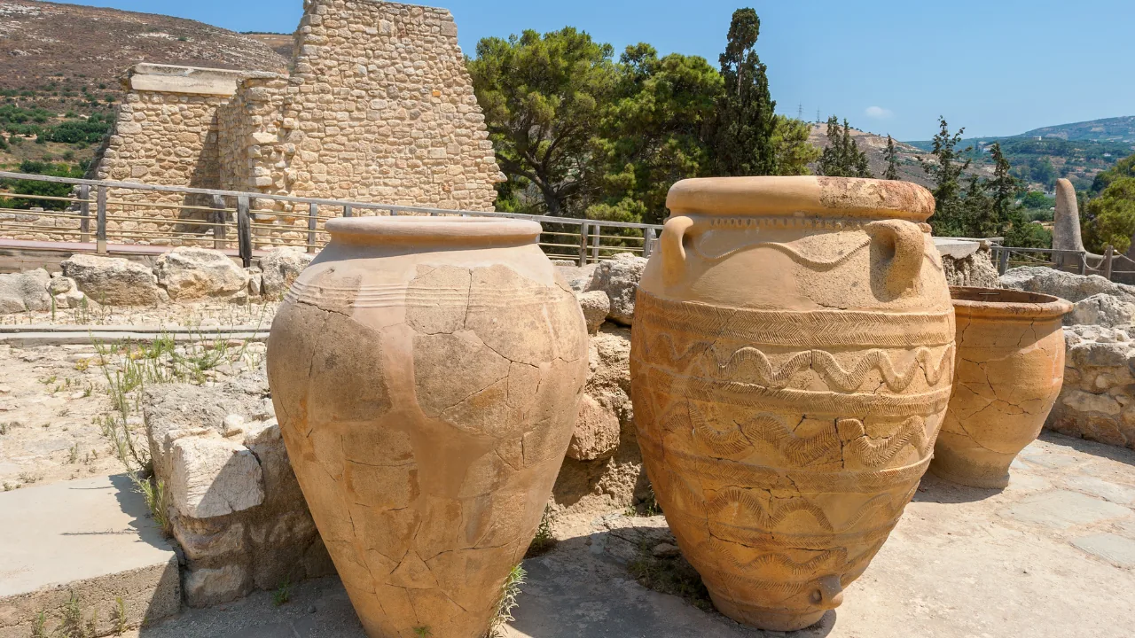 Two large Minoan storage pithoi with rope-pattern decoration at Knossos